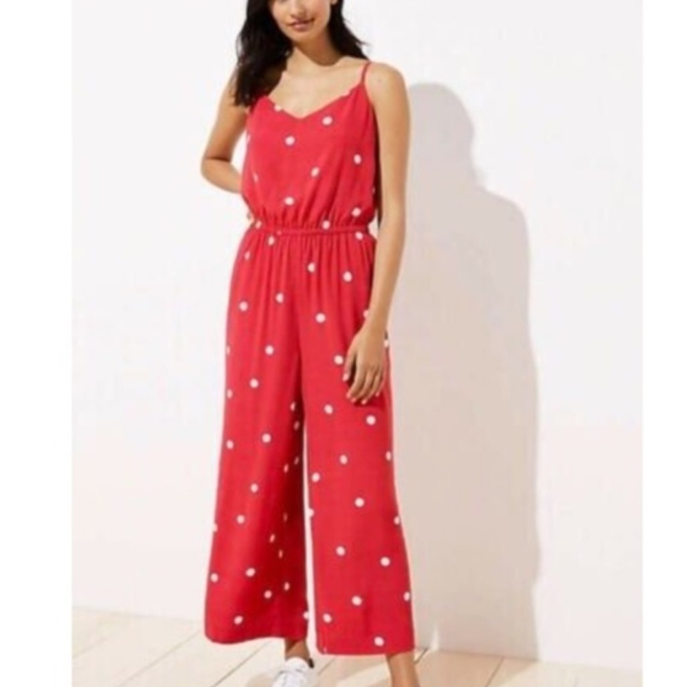 NEW LOFT Red and White Polka Dot Wide Leg Jumpsuit XS